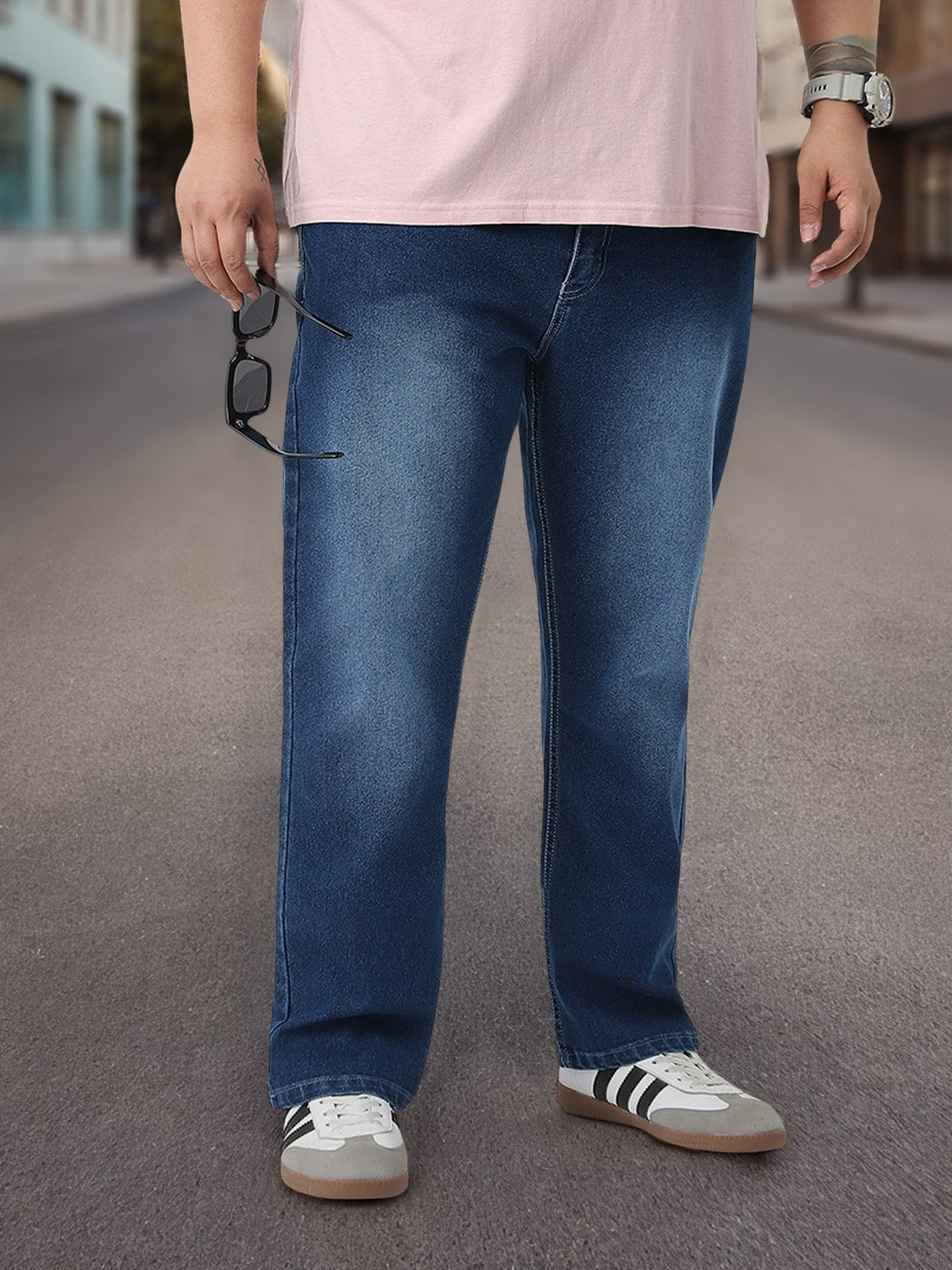 Plus Men's Blue Straight Fit Washed Jeans Stretchable