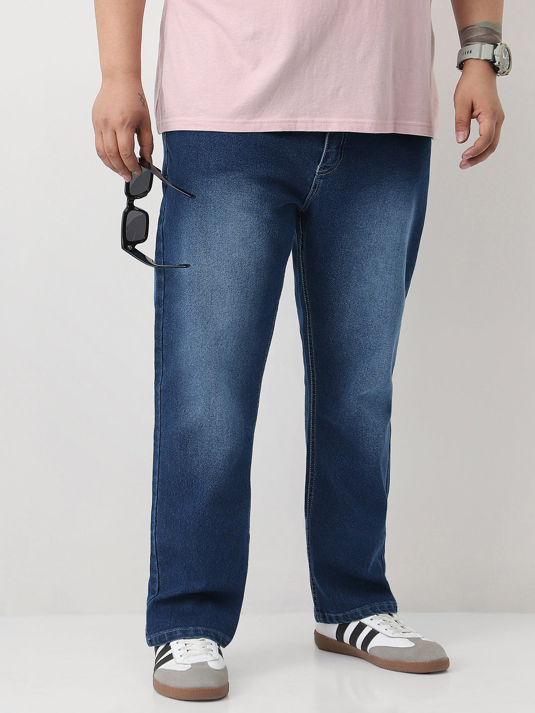 Plus Men's Blue Straight Fit Washed Jeans Stretchable