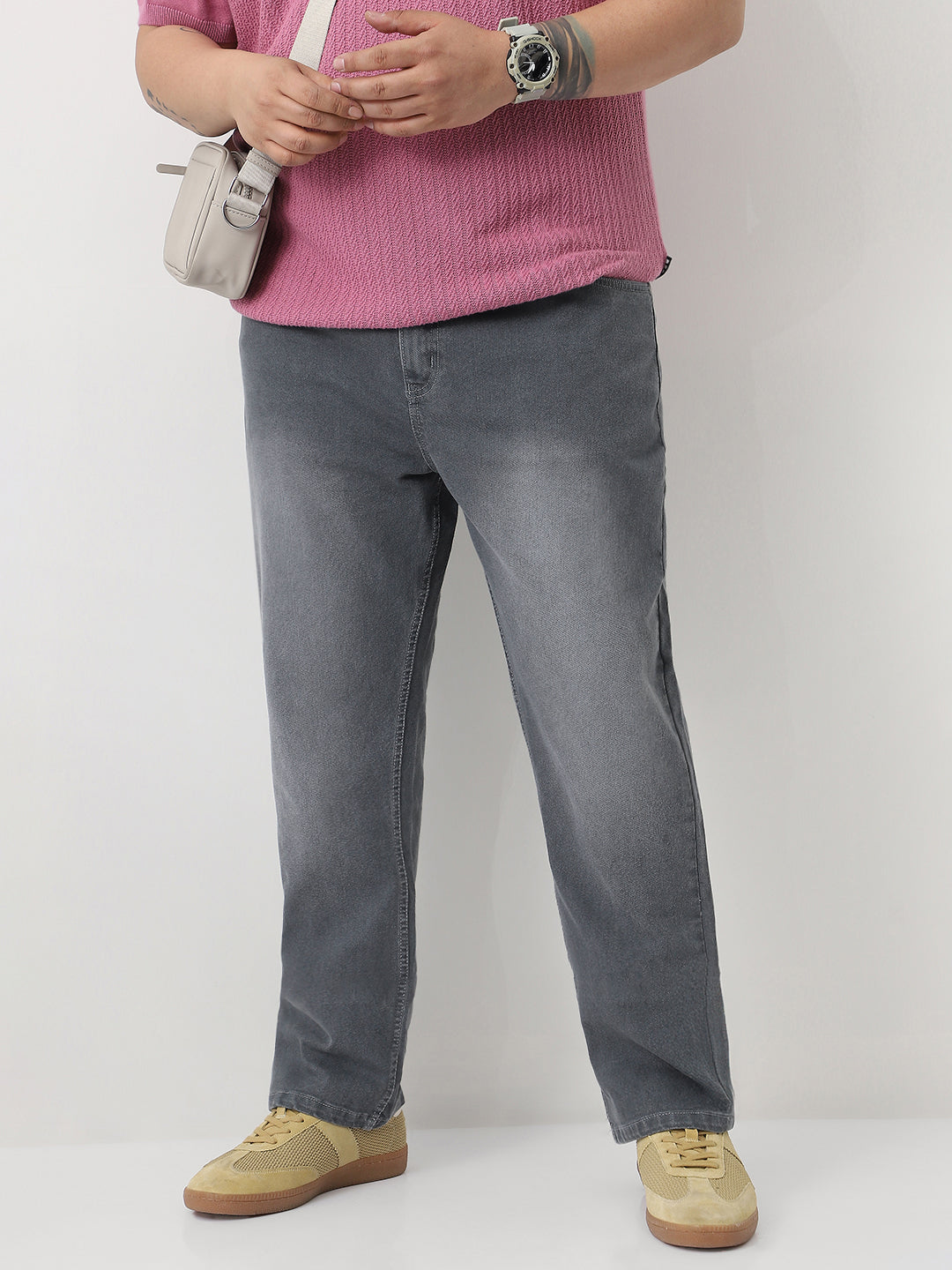 Plus Men's Grey Straight Fit Washed Jeans Stretchable