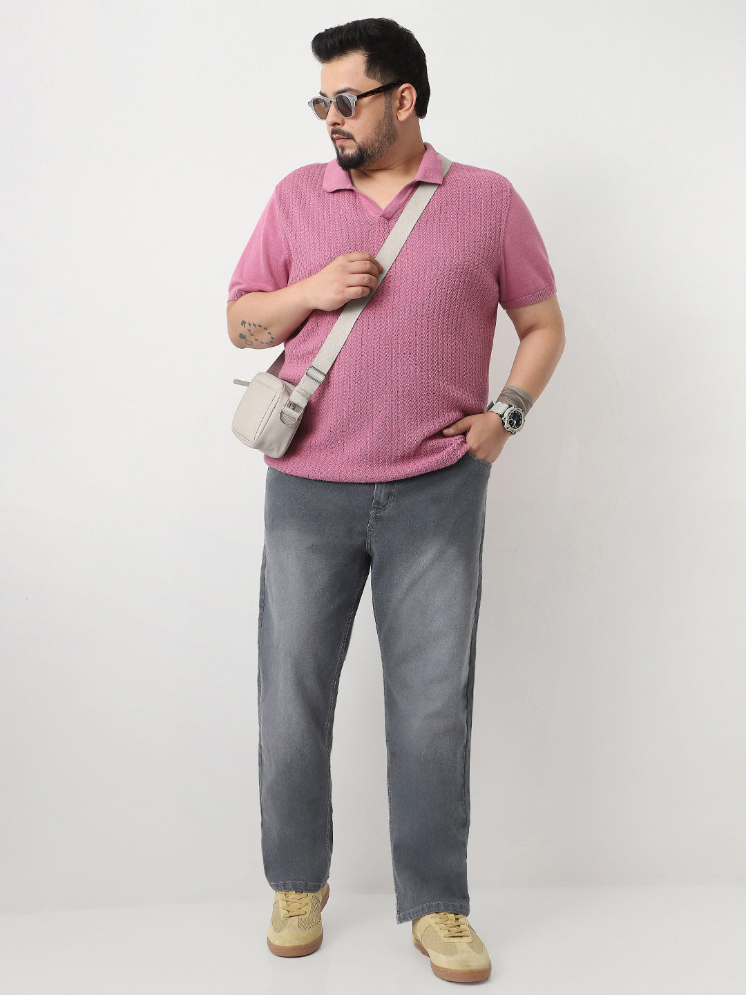 Plus Men's Grey Straight Fit Washed Jeans Stretchable