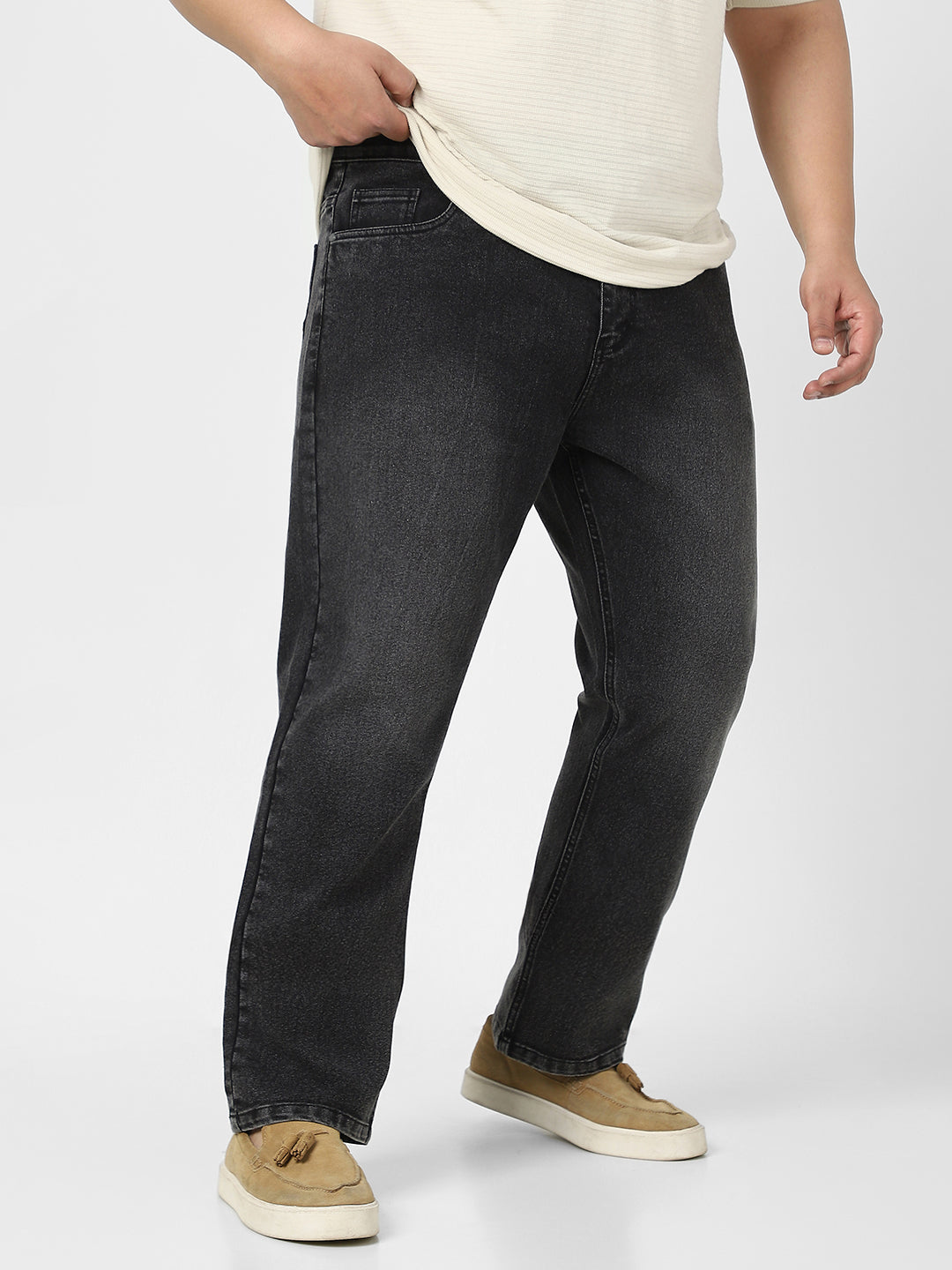 Plus Men's Black Straight Fit Washed Jeans Stretchable