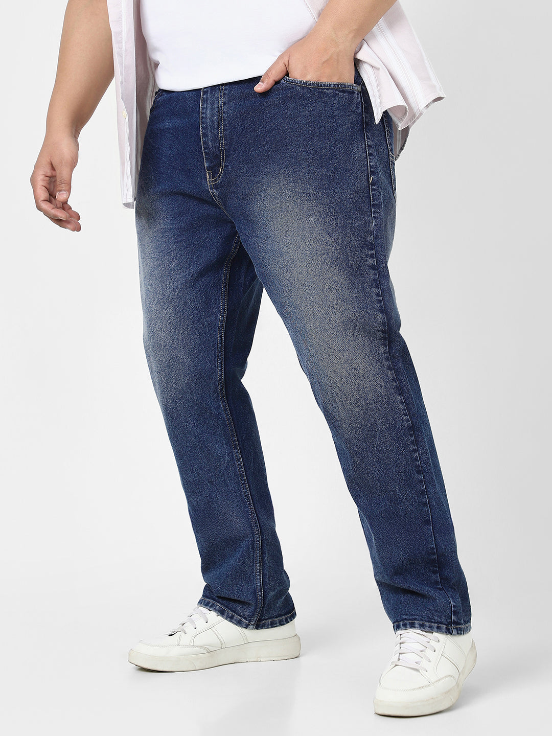 Plus Men's Dark Blue Straight Fit Washed Jeans Stretchable