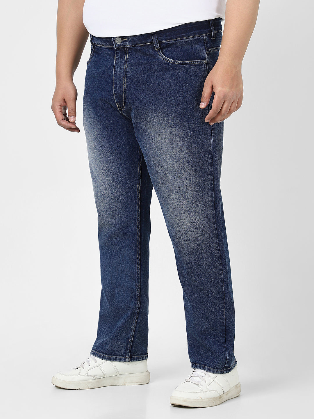 Plus Men's Dark Blue Straight Fit Washed Jeans Stretchable