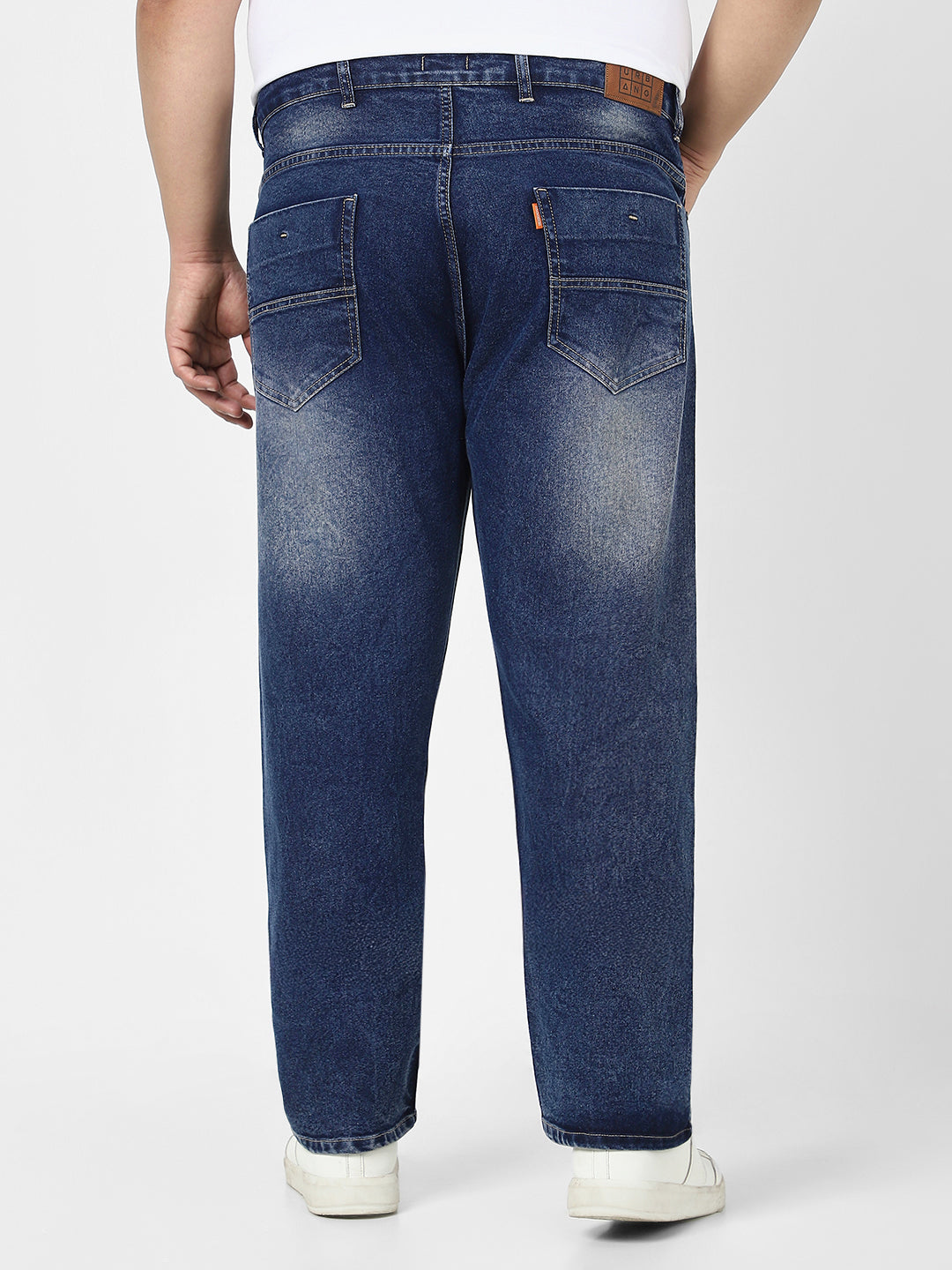 Plus Men's Dark Blue Straight Fit Washed Jeans Stretchable