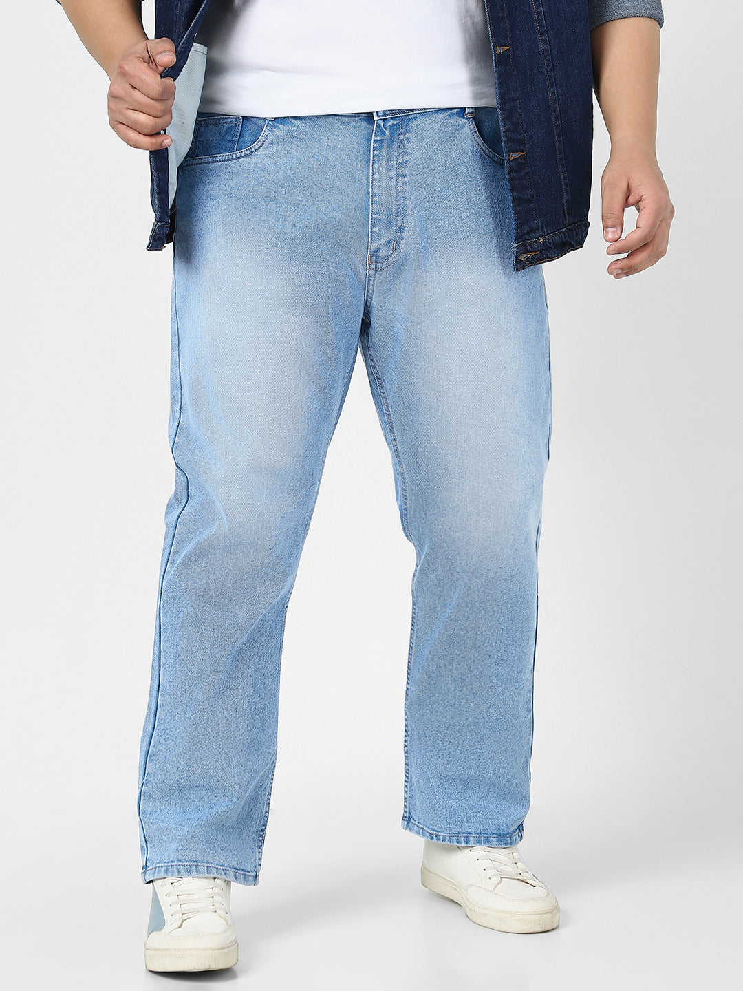 Plus Men's Ice Blue Straight Fit Washed Jeans Stretchable
