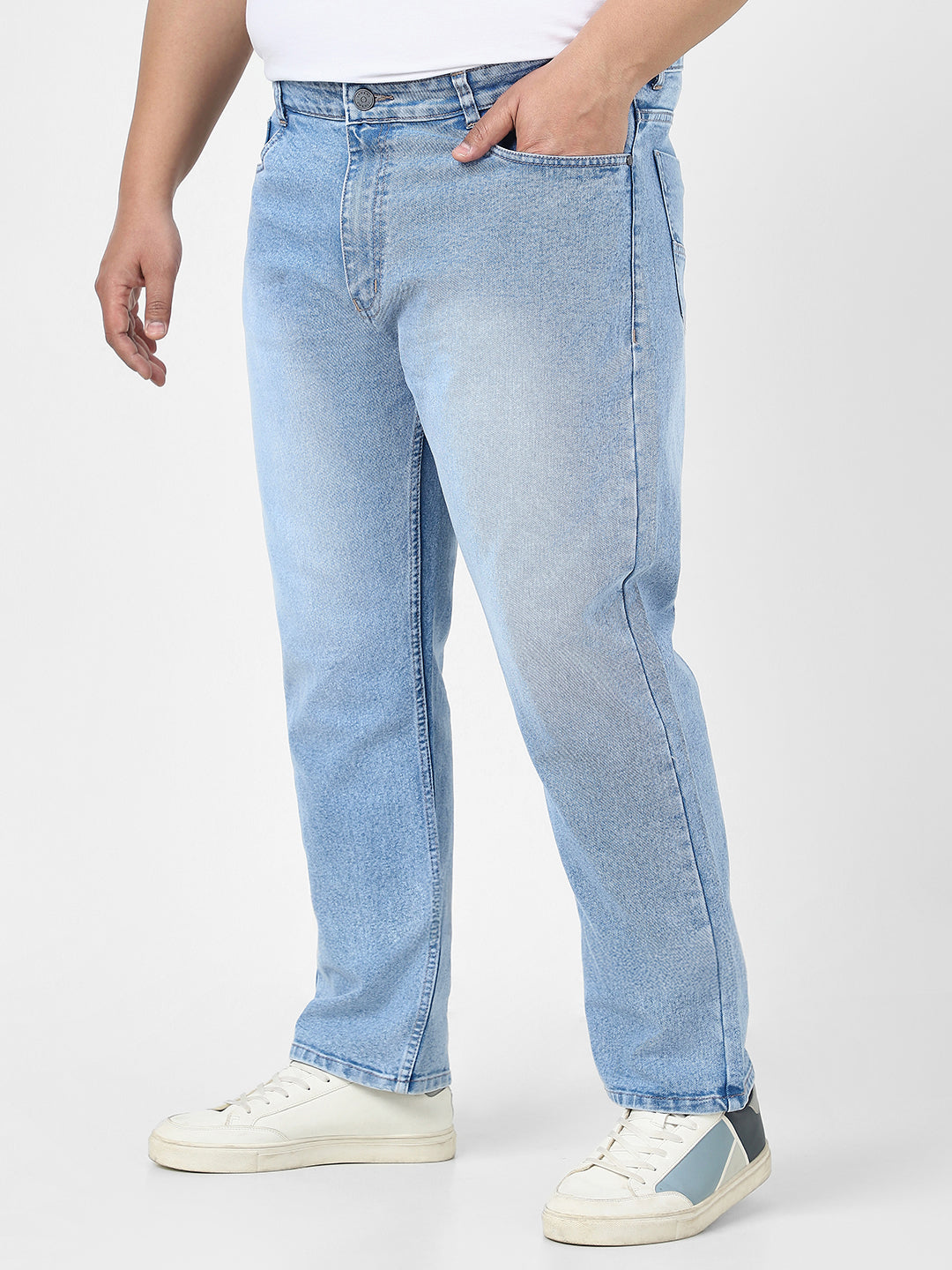 Plus Men's Ice Blue Straight Fit Washed Jeans Stretchable