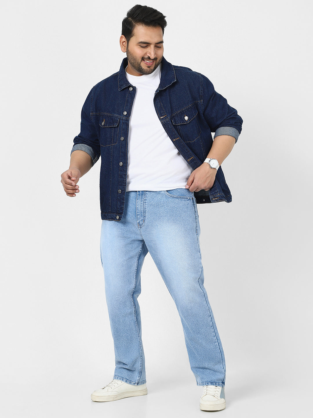 Plus Men's Ice Blue Straight Fit Washed Jeans Stretchable