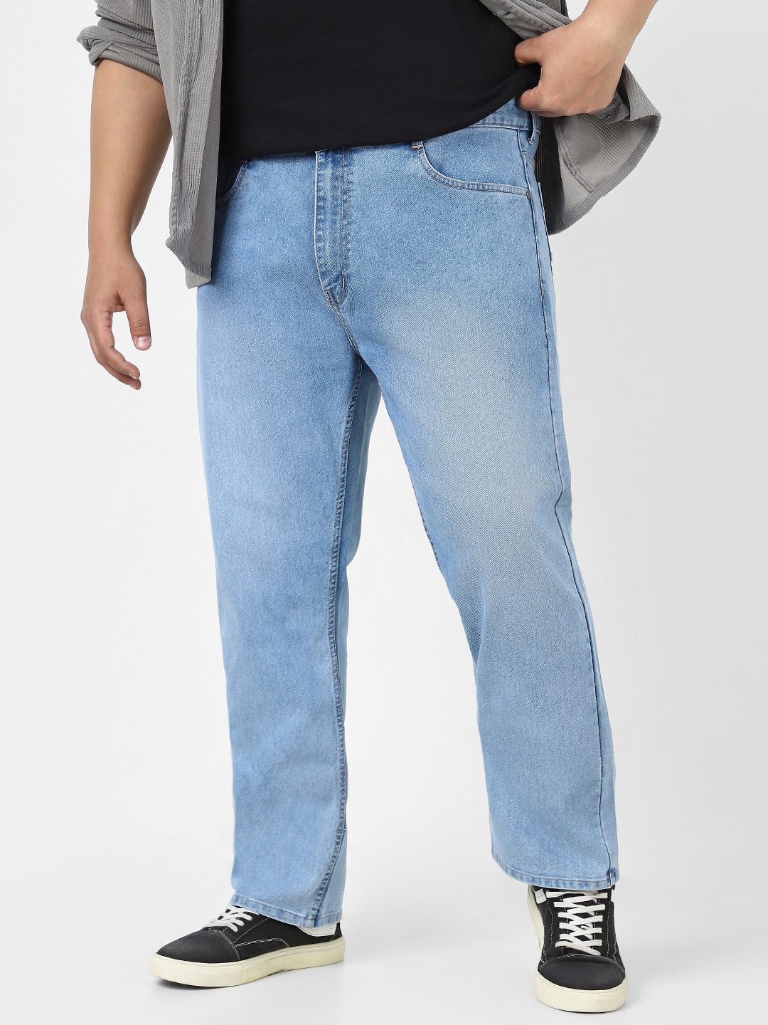 Plus Men's Light Blue Straight Fit Washed Jeans Stretchable
