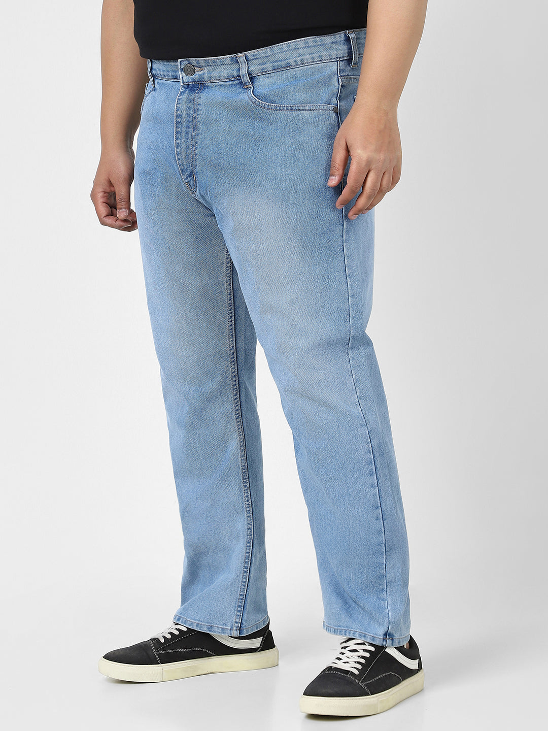 Plus Men's Light Blue Straight Fit Washed Jeans Stretchable