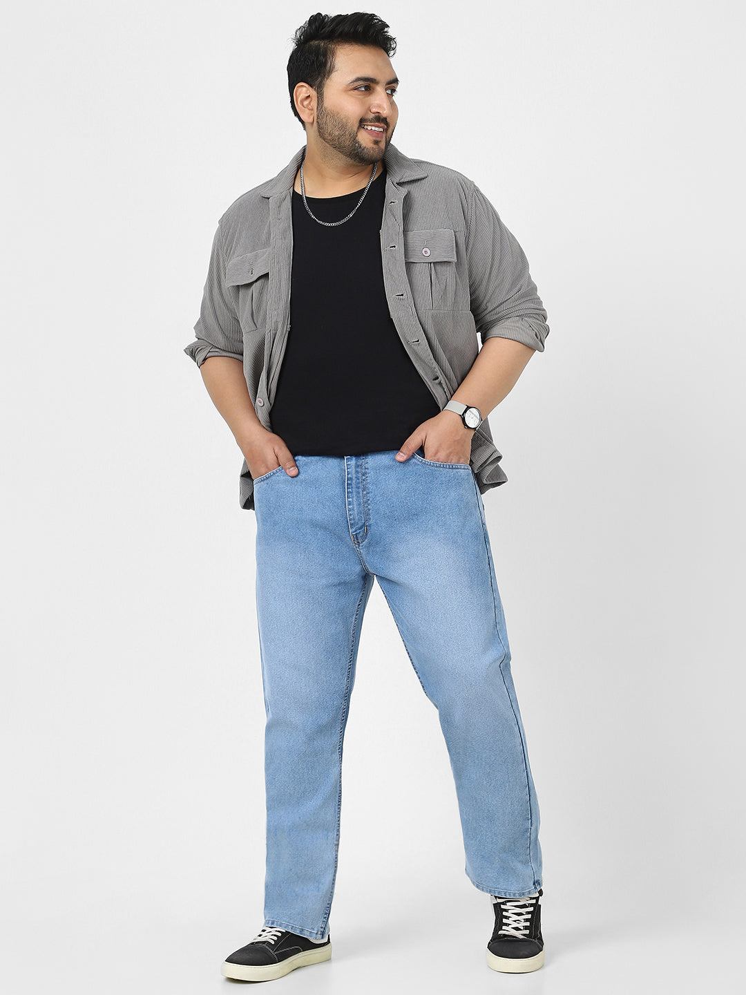 Plus Men's Light Blue Straight Fit Washed Jeans Stretchable