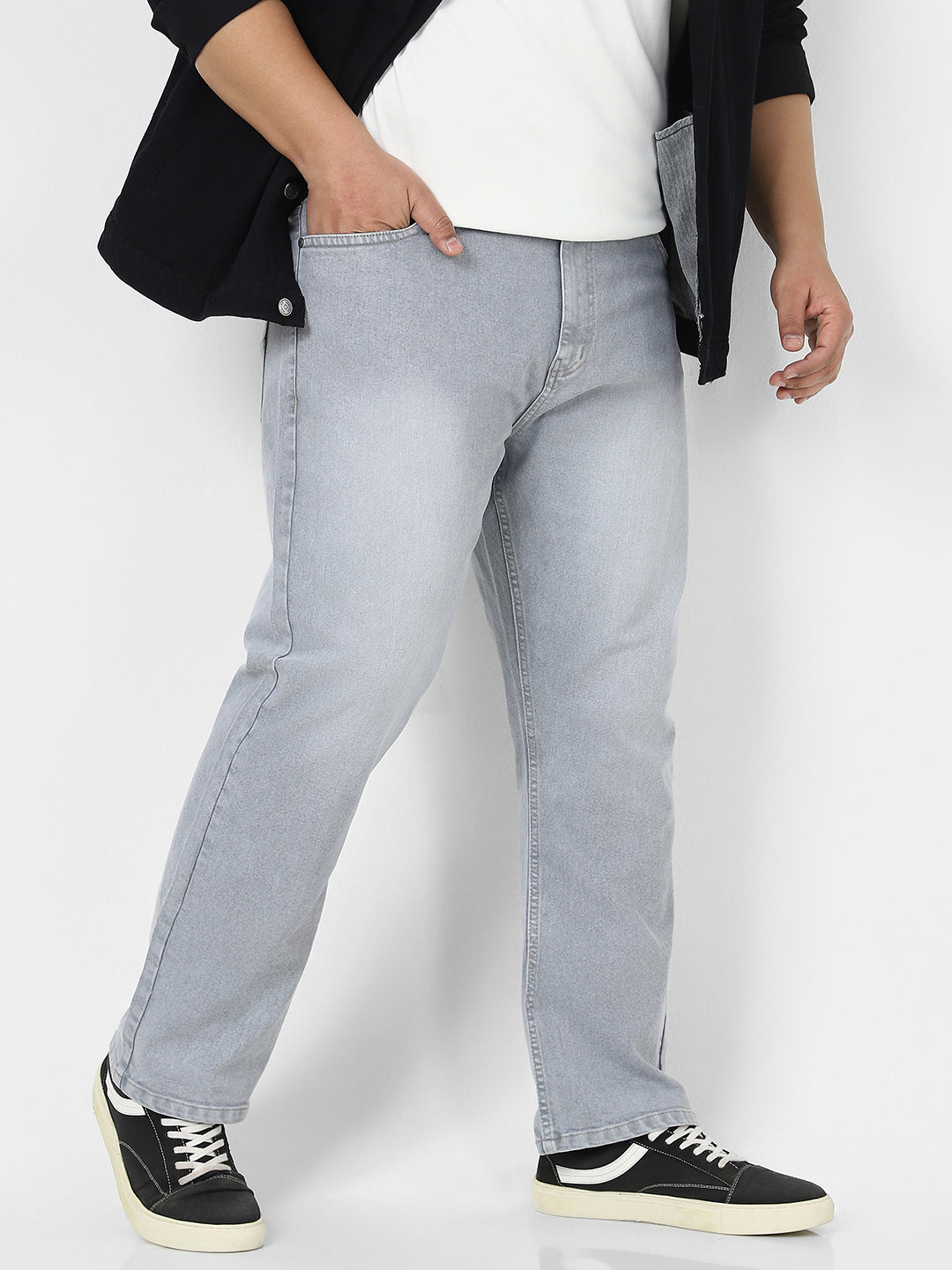 Plus Men's Light Grey Straight Fit Washed Jeans Stretchable