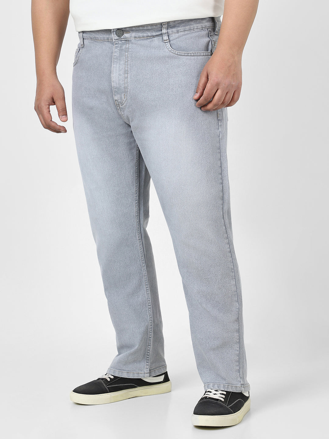 Plus Men's Light Grey Straight Fit Washed Jeans Stretchable