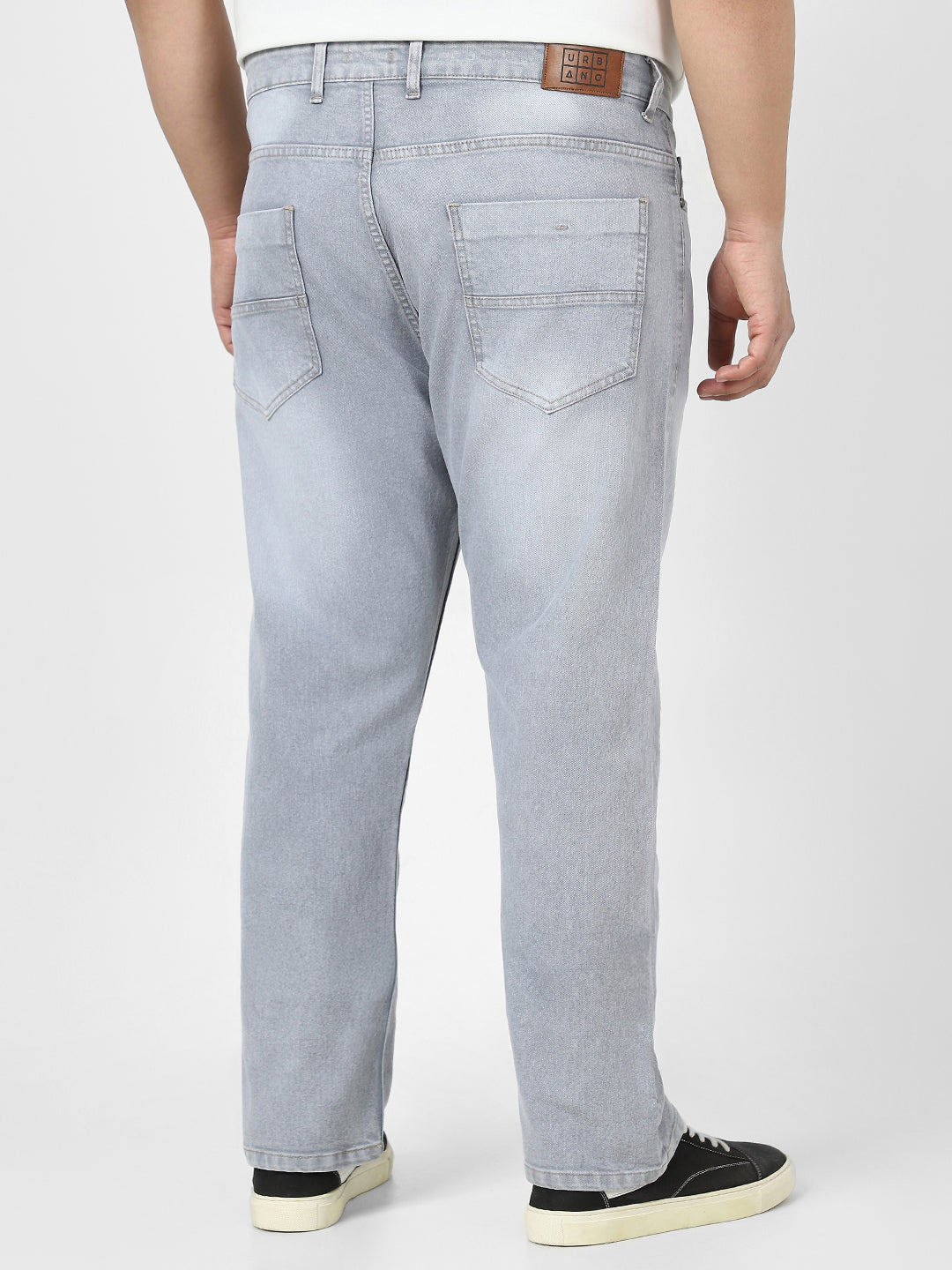 Plus Men's Light Grey Straight Fit Washed Jeans Stretchable