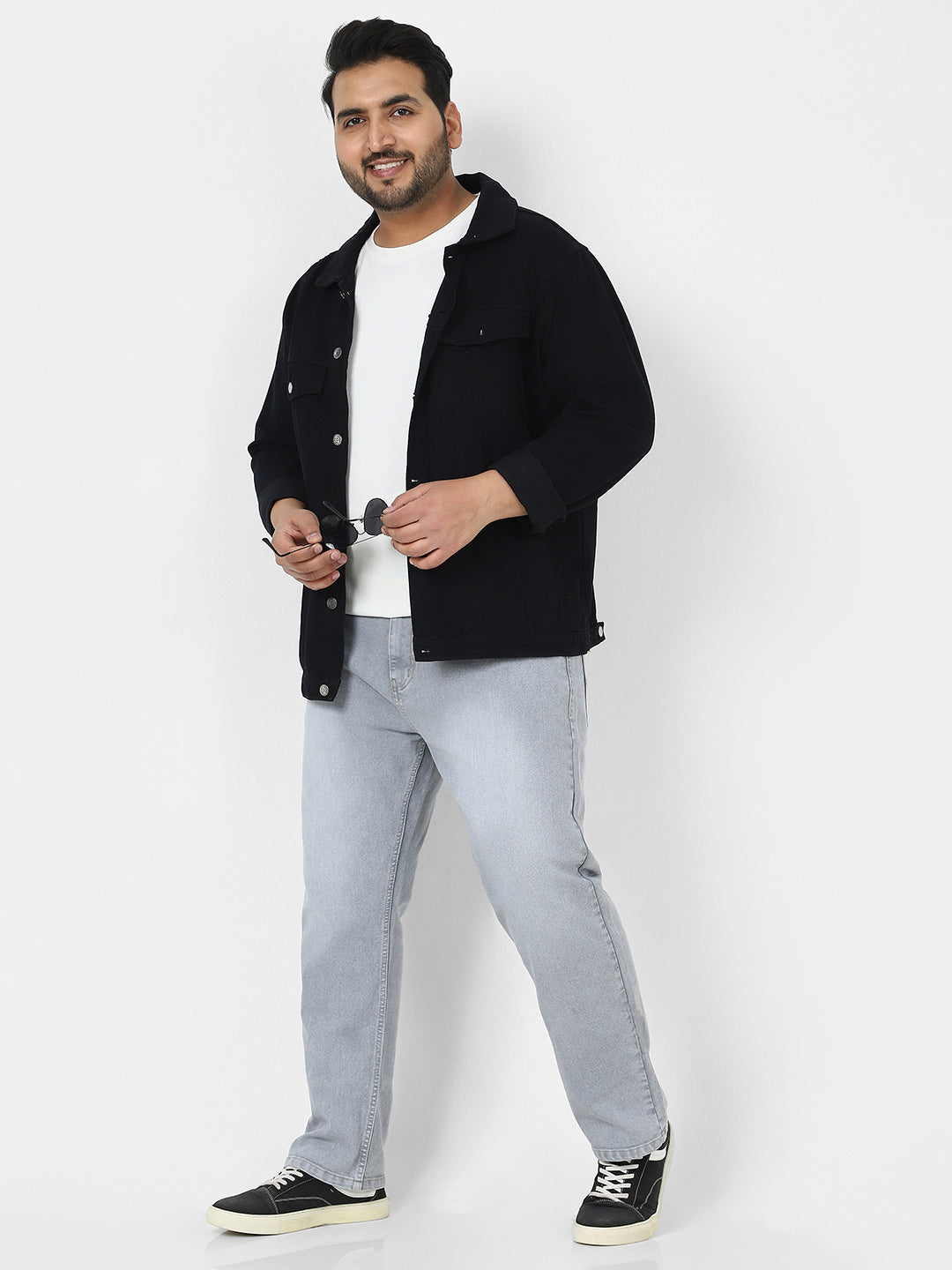 Plus Men's Light Grey Straight Fit Washed Jeans Stretchable