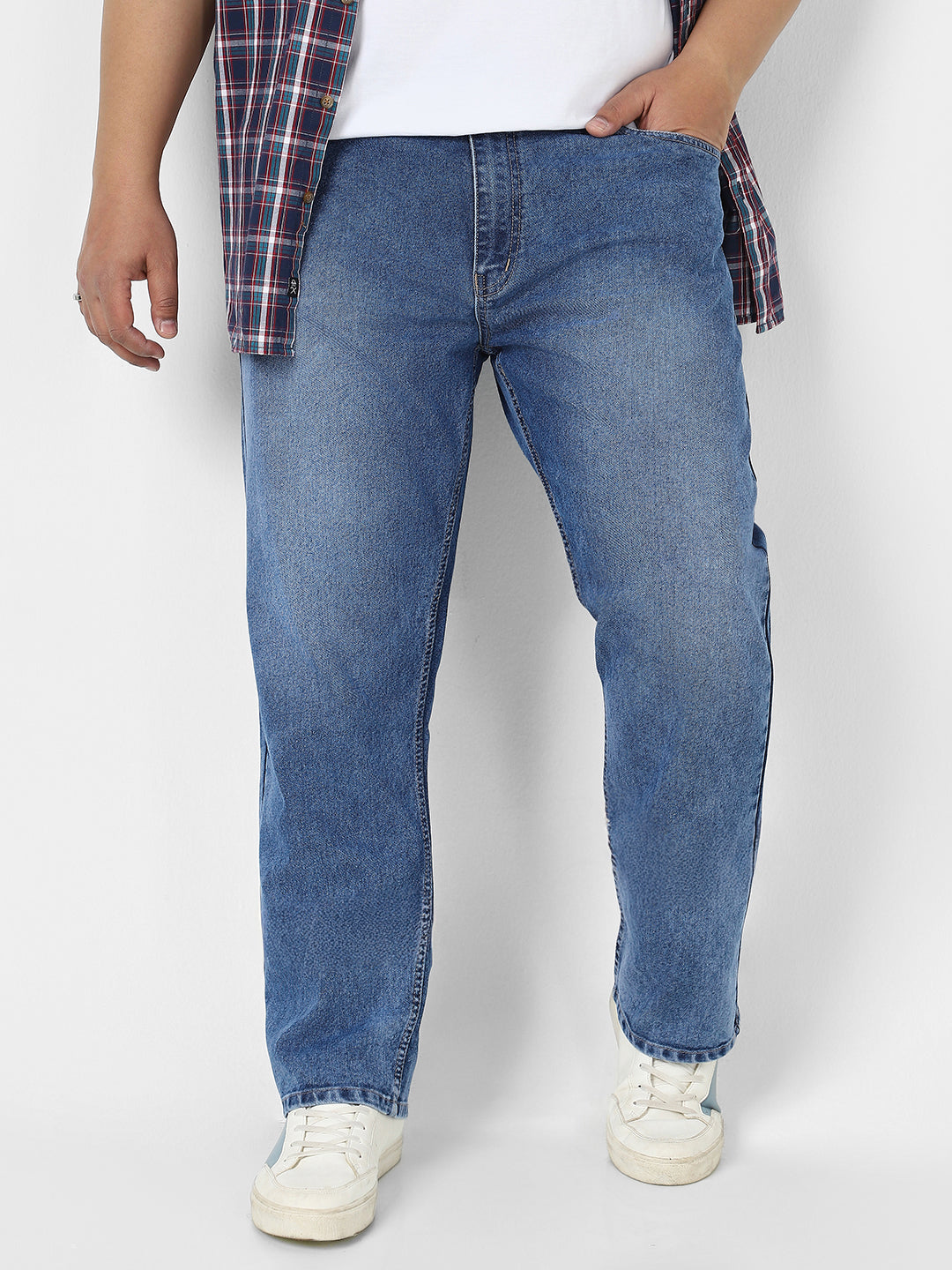 Plus Men's Blue Straight Fit Washed Jeans Stretchable