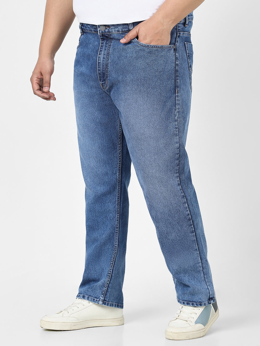 Plus Men's Blue Straight Fit Washed Jeans Stretchable
