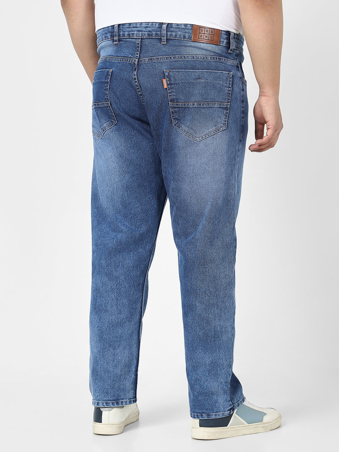 Plus Men's Blue Straight Fit Washed Jeans Stretchable