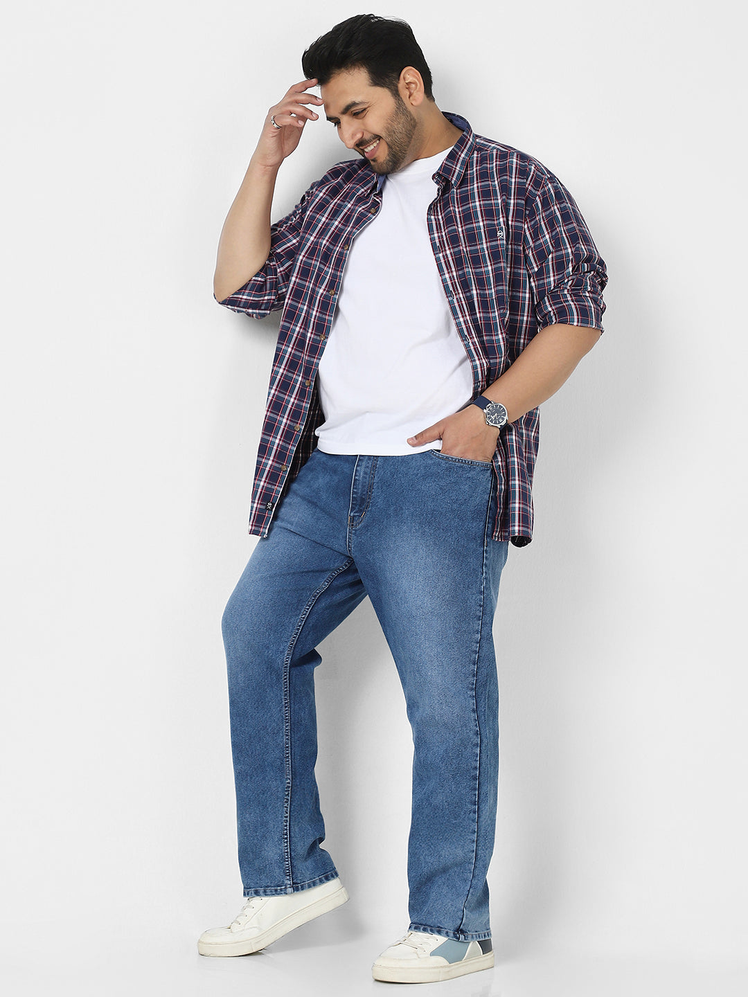 Plus Men's Blue Straight Fit Washed Jeans Stretchable