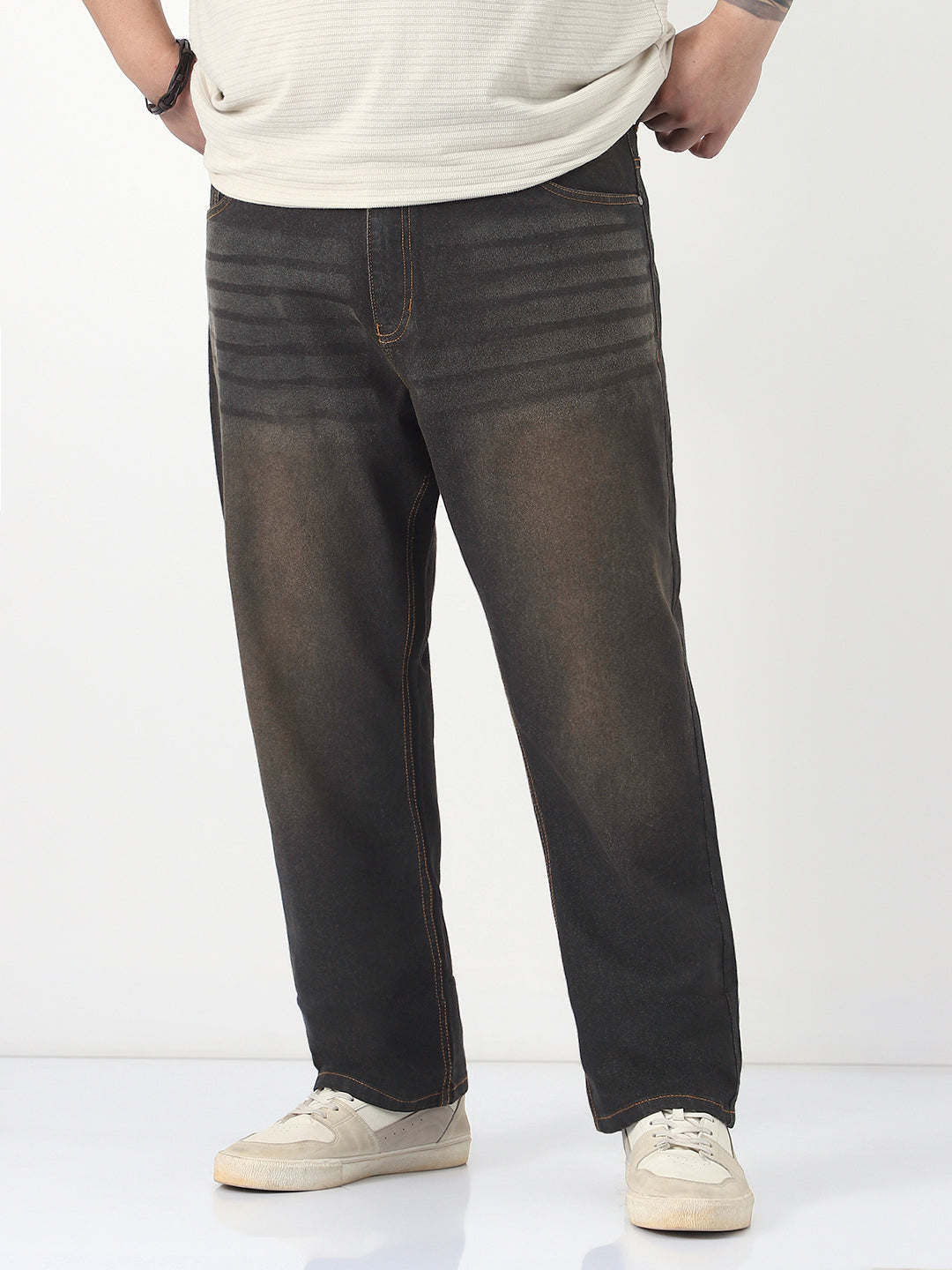 Plus Men's Carbon Blue Straight Fit Heavy Washed Jeans Stretchable