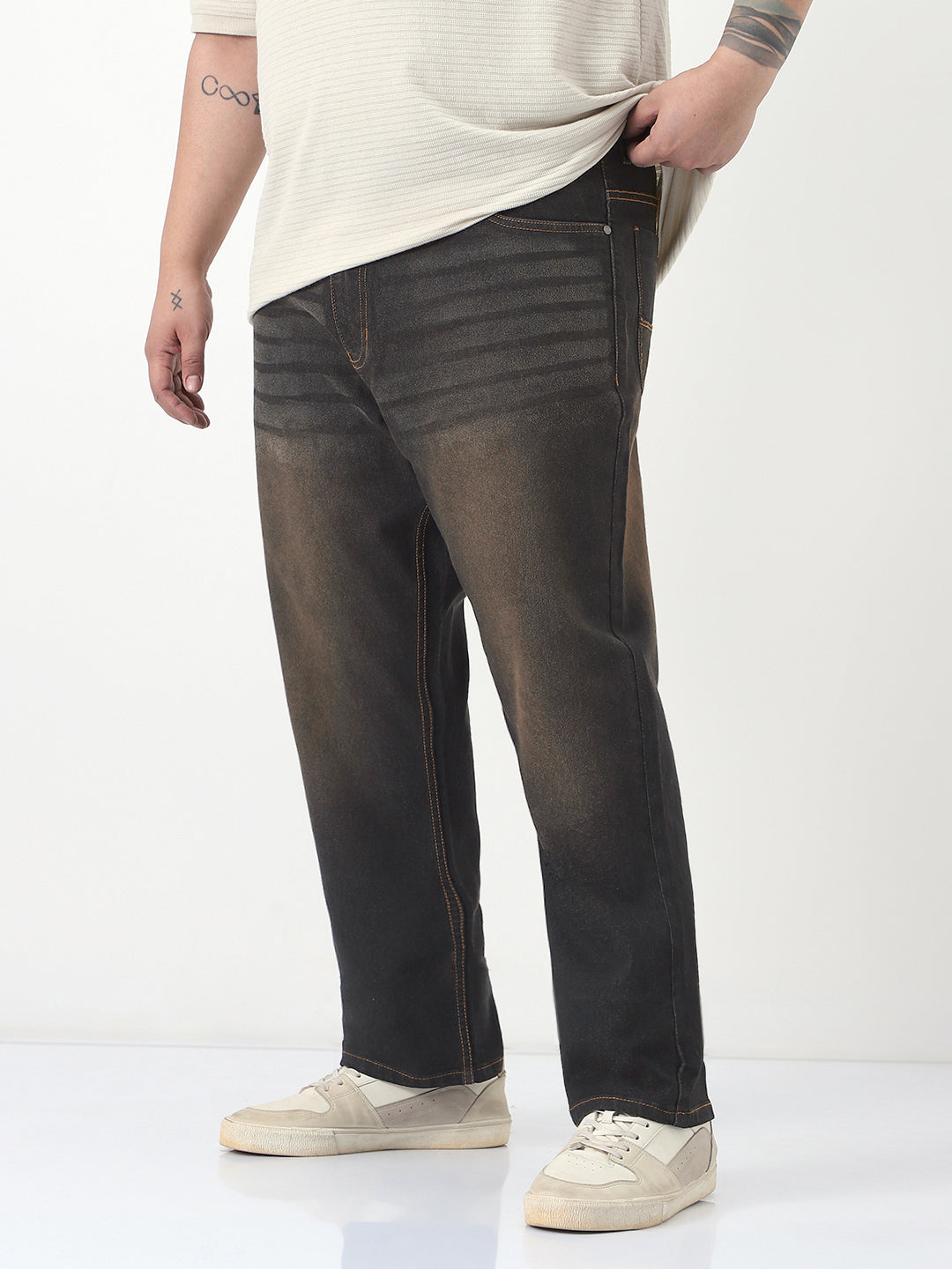 Plus Men's Carbon Blue Straight Fit Heavy Washed Jeans Stretchable