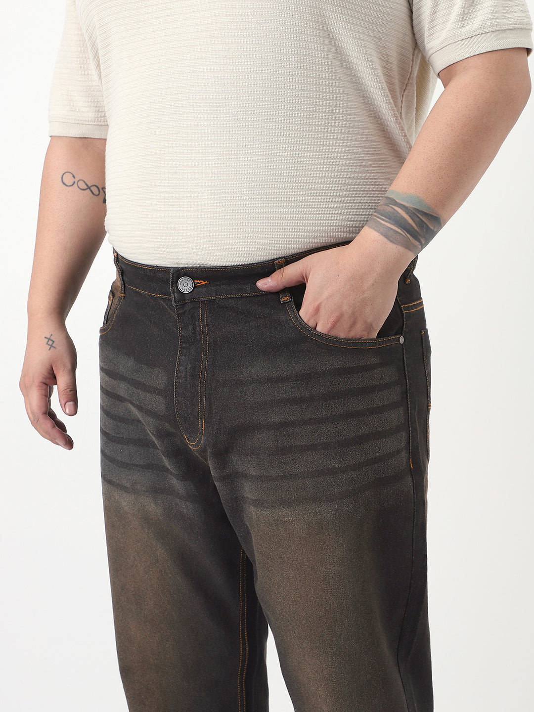 Plus Men's Carbon Blue Straight Fit Heavy Washed Jeans Stretchable