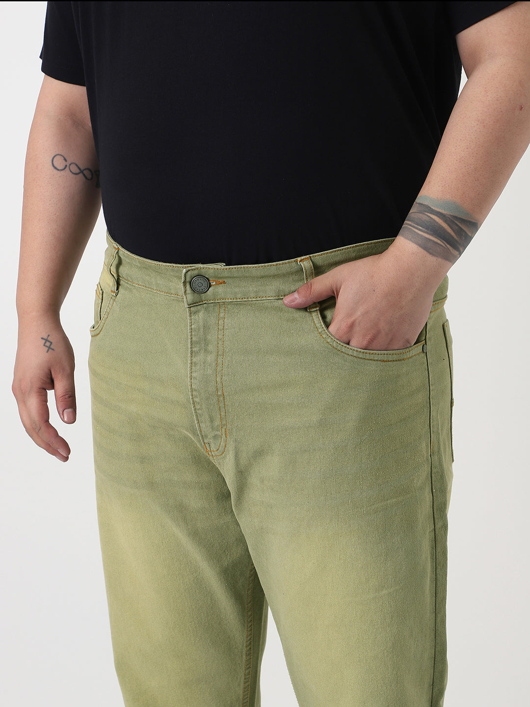 Plus Men's Ice Grey Straight Fit Heavy Washed Jeans Stretchable