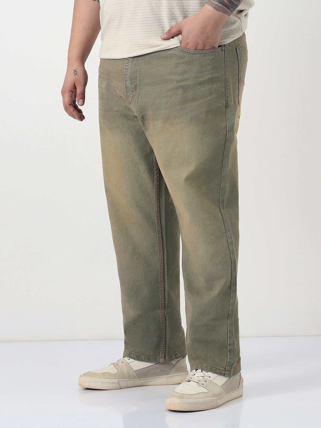 Plus Men's Grey Straight Fit Heavy Washed Jeans Stretchable