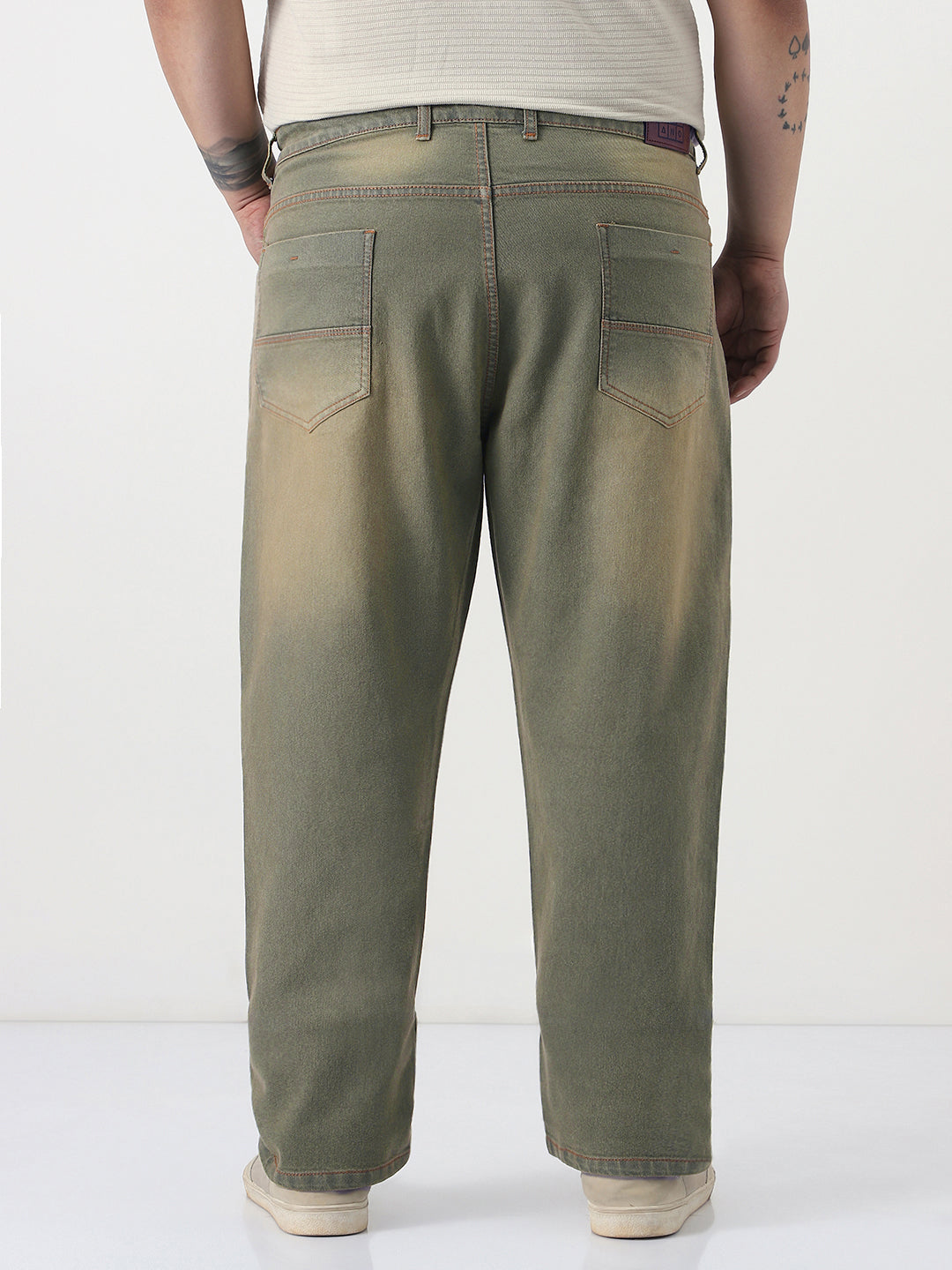Plus Men's Grey Straight Fit Heavy Washed Jeans Stretchable