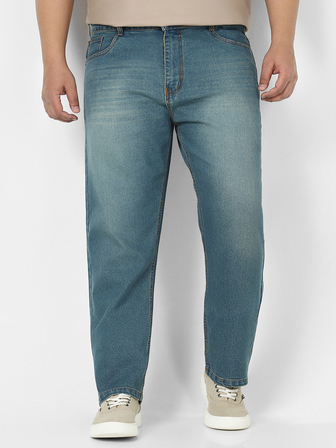Plus Men's Light Blue Straight Fit Washed Jeans Stretchable