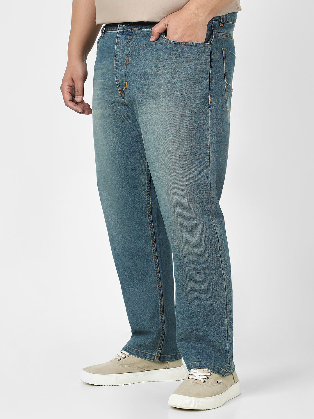 Plus Men's Light Blue Straight Fit Washed Jeans Stretchable