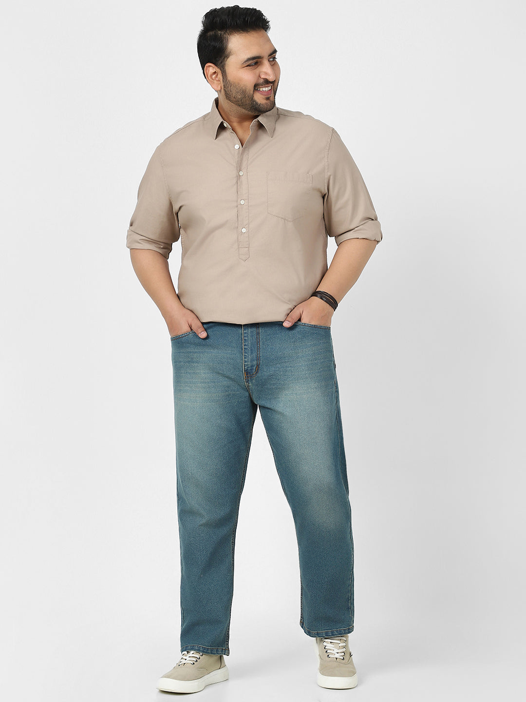 Plus Men's Light Blue Straight Fit Washed Jeans Stretchable