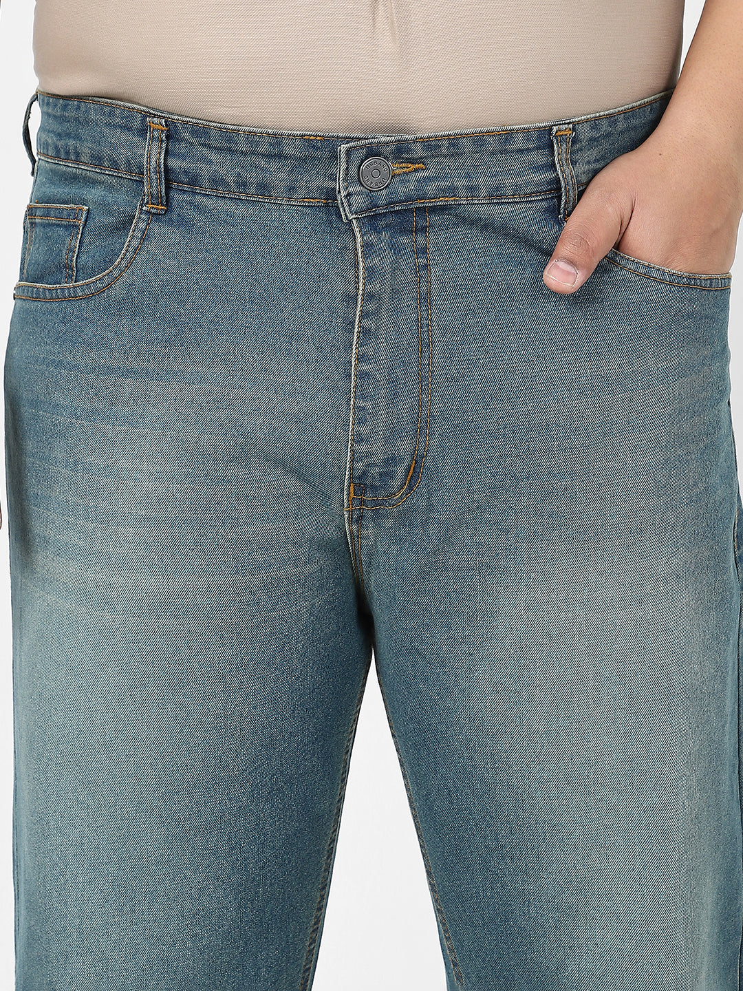 Plus Men's Light Blue Straight Fit Washed Jeans Stretchable