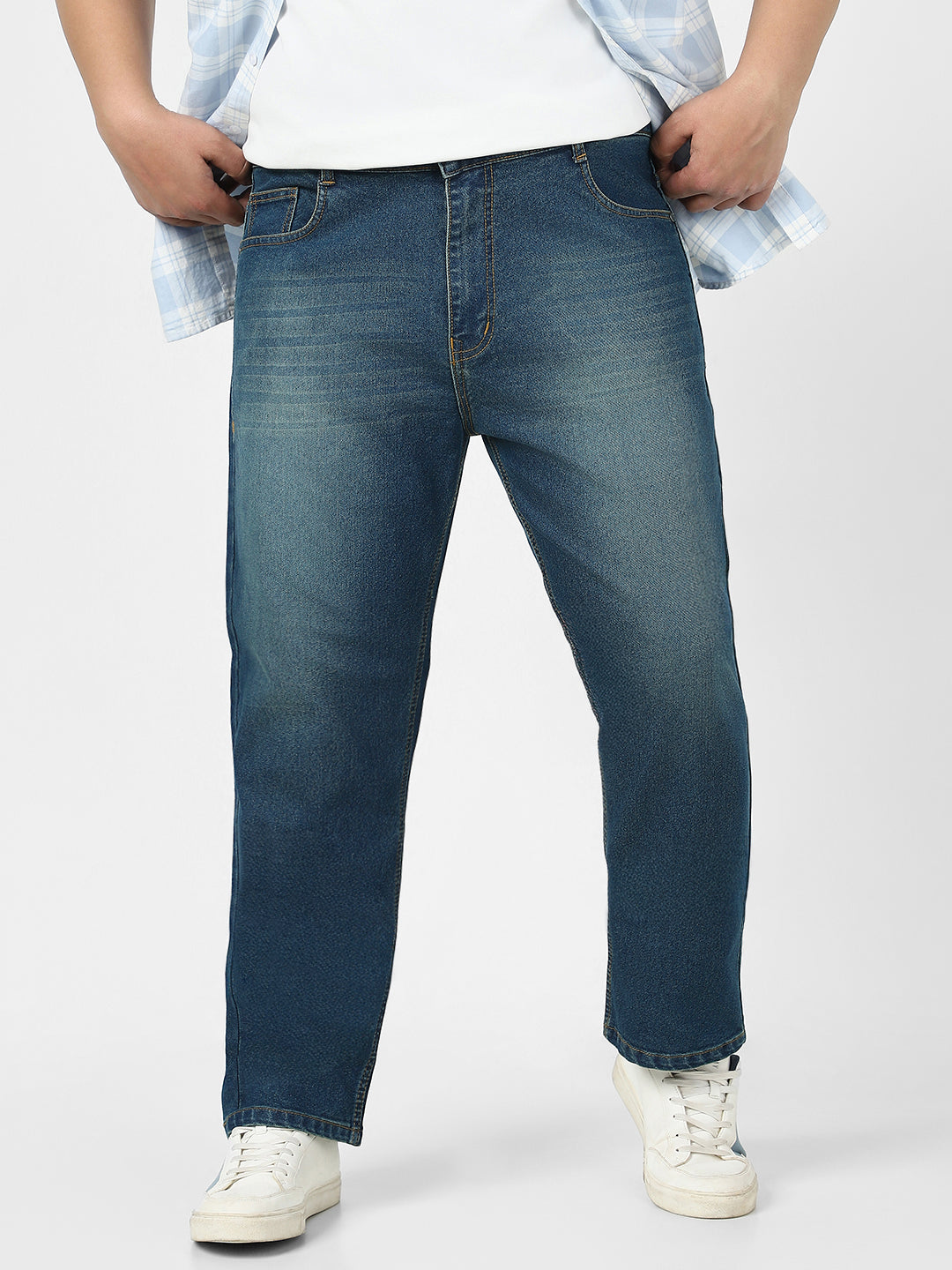Plus Men's Blue Straight Fit Washed Jeans Stretchable