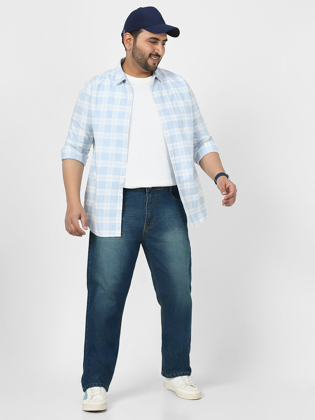 Plus Men's Blue Straight Fit Washed Jeans Stretchable