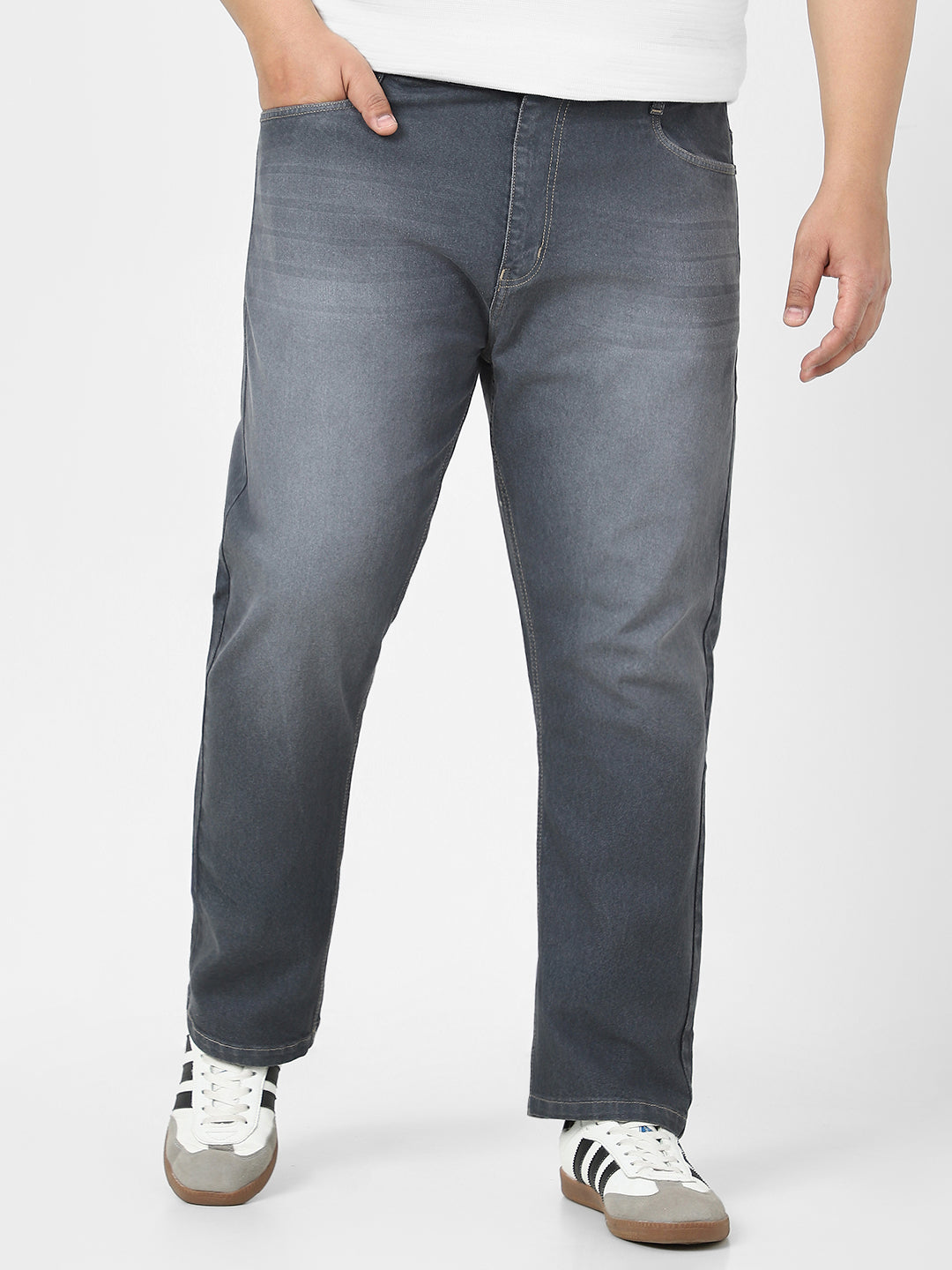 Plus Men's Grey Straight Fit Washed Jeans Stretchable