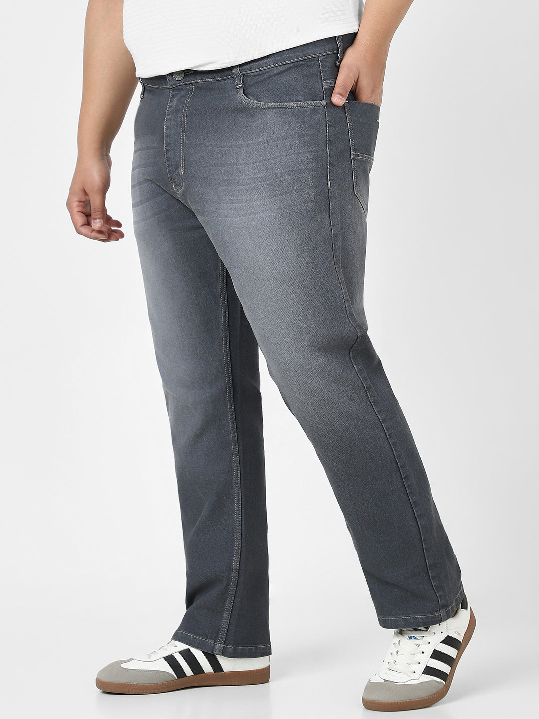 Plus Men's Grey Straight Fit Washed Jeans Stretchable