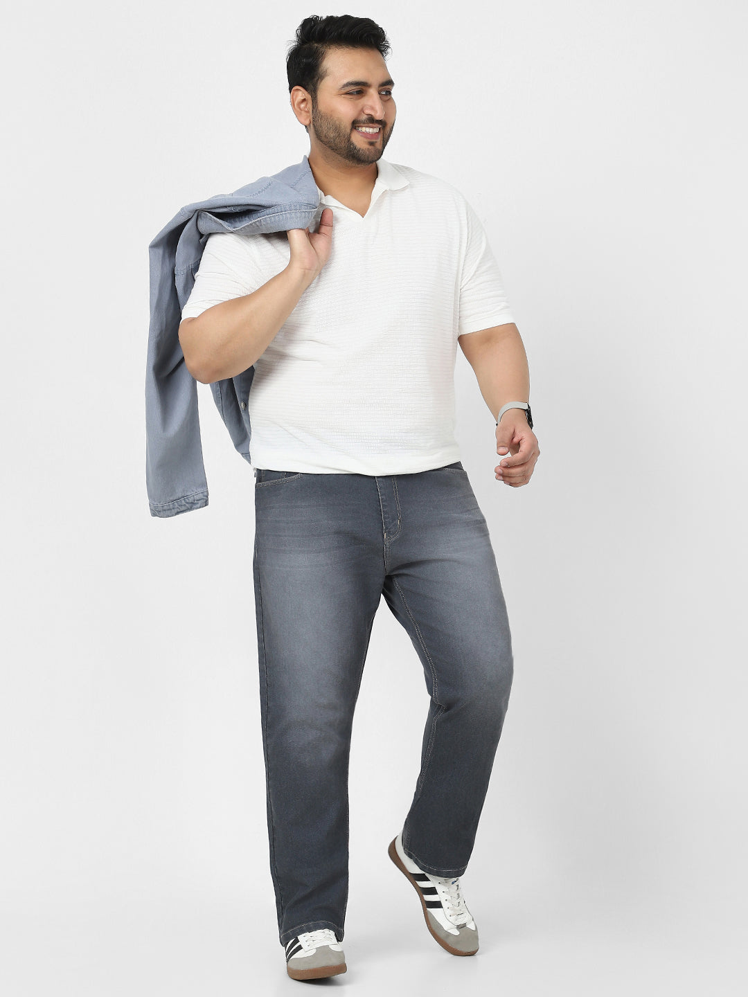 Plus Men's Grey Straight Fit Washed Jeans Stretchable