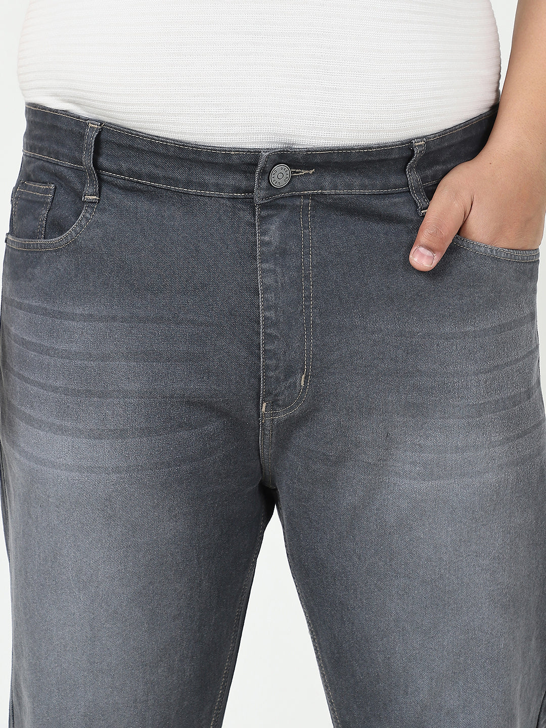 Plus Men's Grey Straight Fit Washed Jeans Stretchable