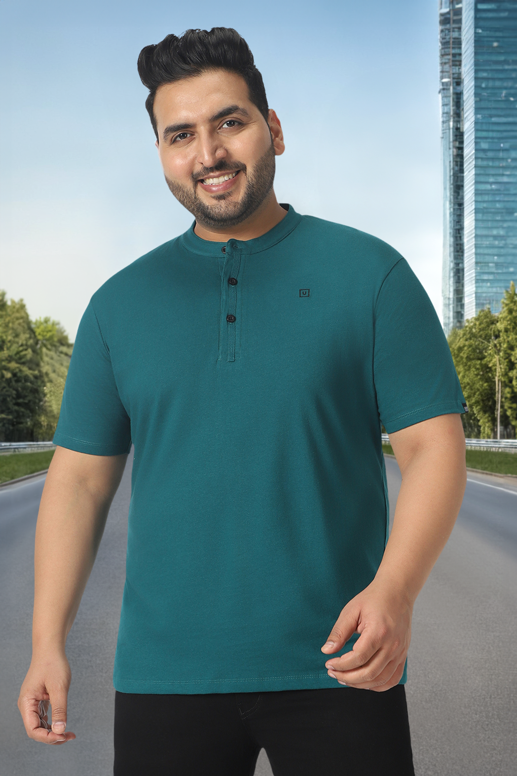 Plus Men's Dark Green Solid Mandarin Collar Regular Fit Cotton T-Shirt