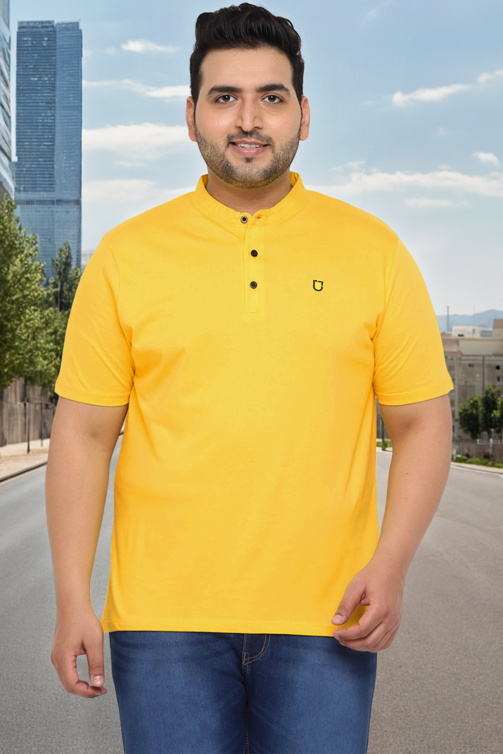 Plus Men's Mustard Solid Mandarin Collar Regular Fit Cotton T-Shirt