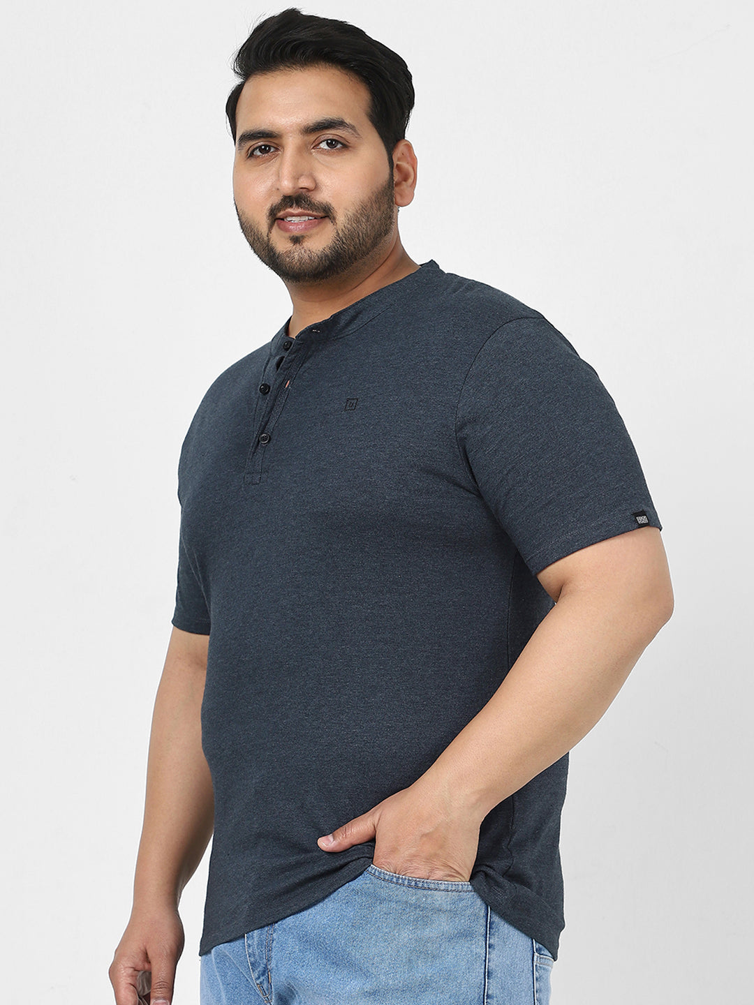 Plus Men's Navy Melange Solid Mandarin Collar Regular Fit Half Sleeve Cotton T-Shirt