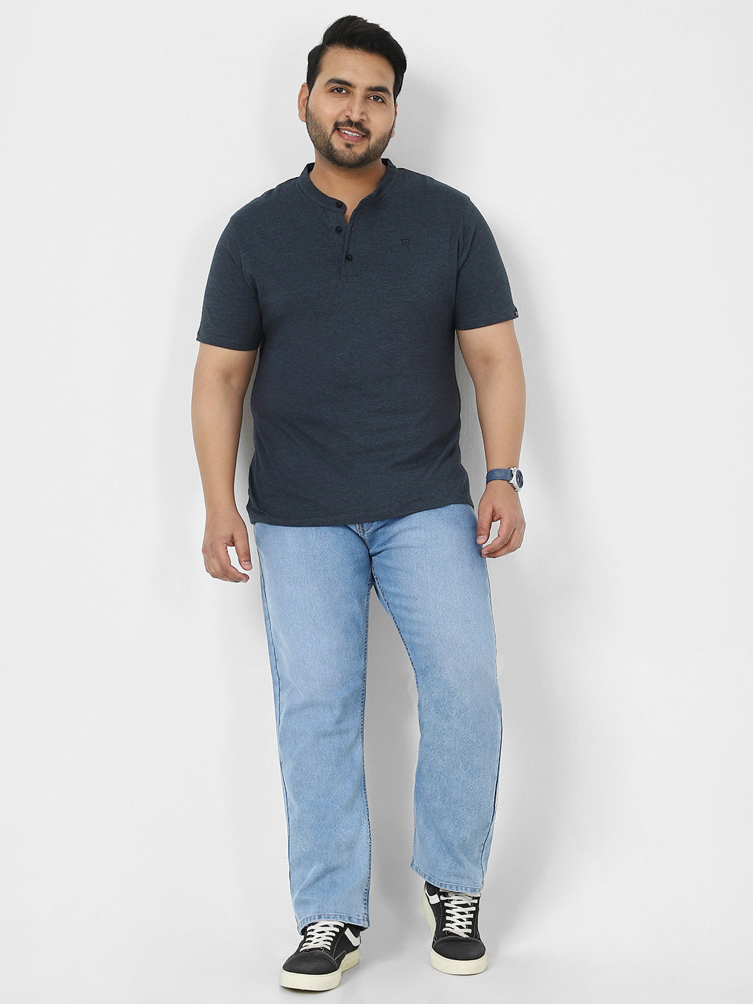 Plus Men's Navy Melange Solid Mandarin Collar Regular Fit Half Sleeve Cotton T-Shirt