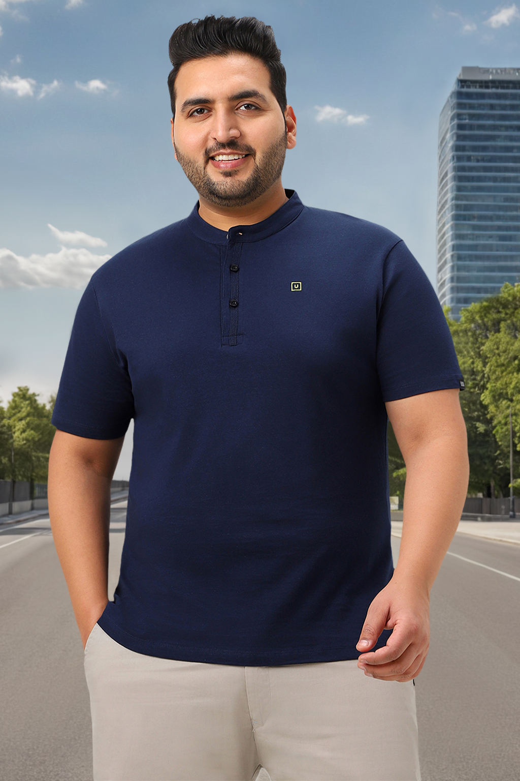 Plus Men's Navy Blue Solid Mandarin Collar Regular Fit Cotton T-Shirt