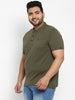 Plus Men's Dark Olive Green Solid Mandarin Collar Regular Fit Half Sleeve Cotton T-Shirt