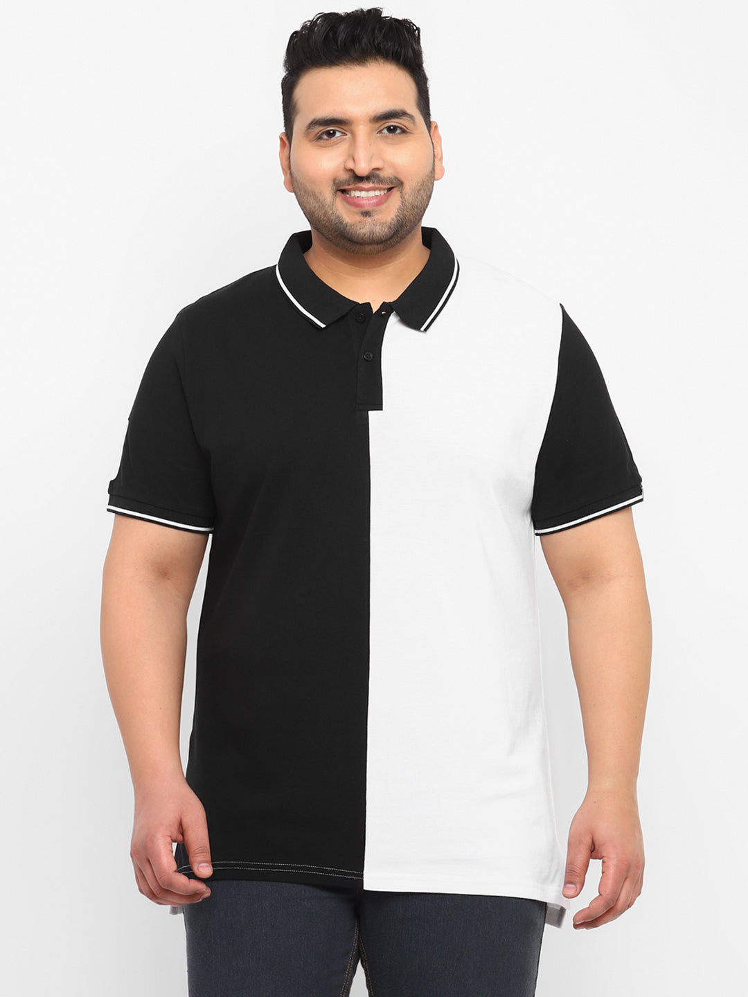 Plus Men's White, Black Colour-Block Regular Fit Half Sleeve Cotton Polo T-Shirt