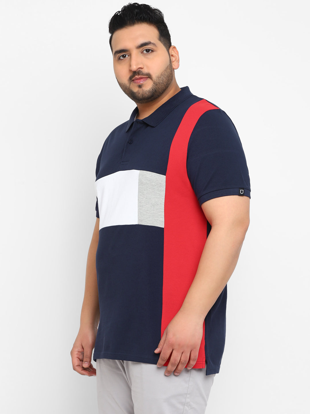 Plus Men's Navy Blue, White, Red Colour-Block Regular Fit Half Sleeve Cotton Polo T-Shirt