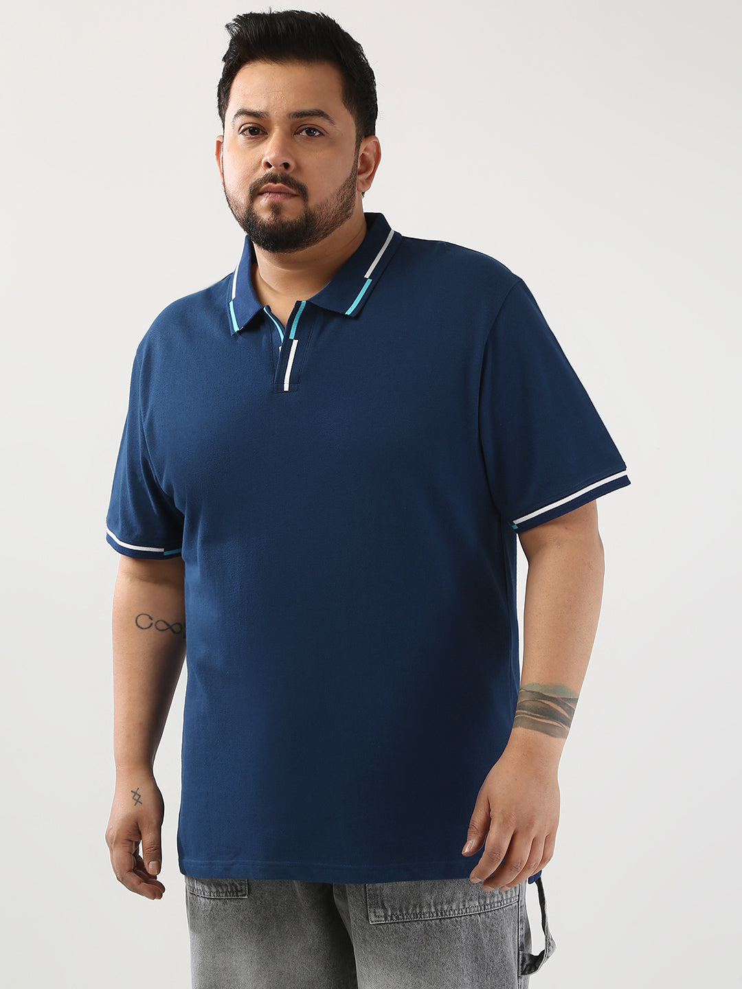 Plus Men's Estate Blue Solid Regular Fit Half Sleeve Cotton Polo T-Shirt
