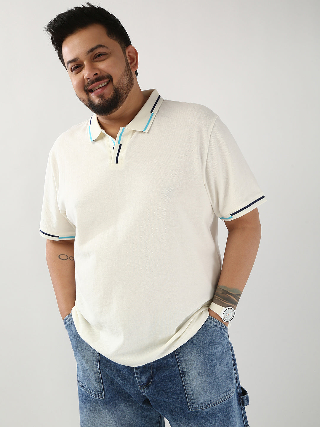 Plus Men's White Solid Regular Fit Half Sleeve Cotton Polo T-Shirt