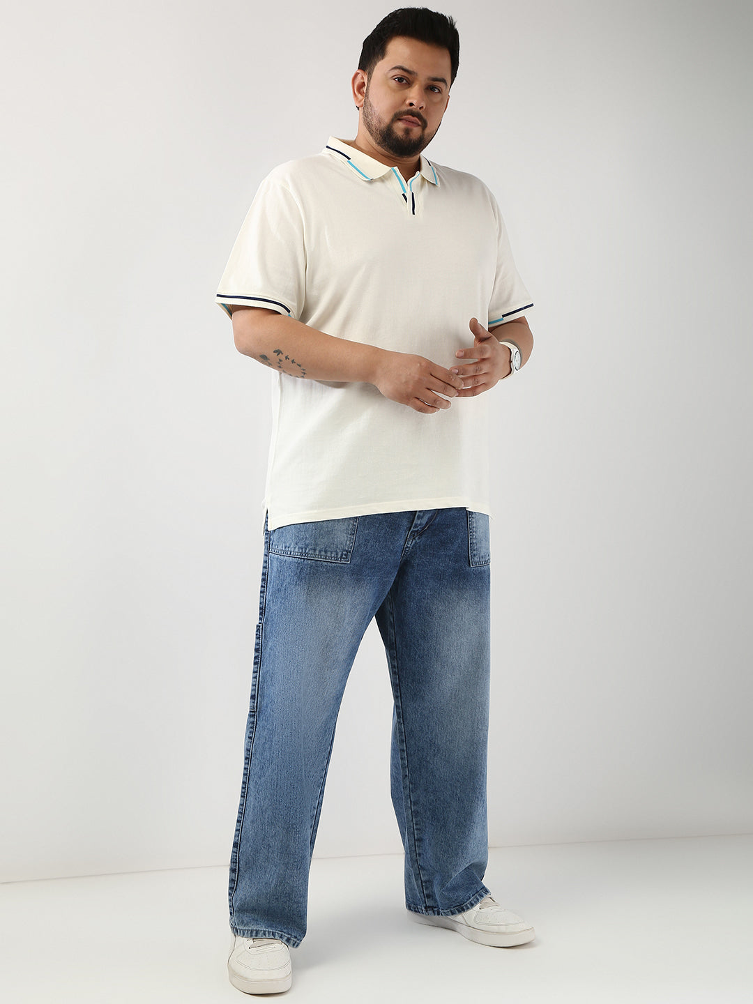 Plus Men's White Solid Regular Fit Half Sleeve Cotton Polo T-Shirt