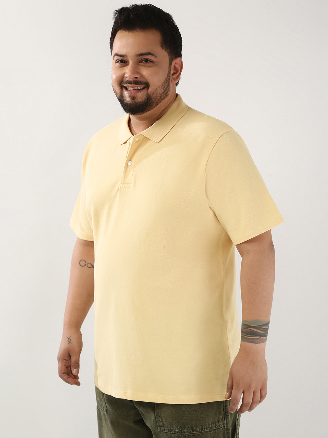 Plus Men's Beige Solid Regular Fit Half Sleeve Cotton Polo T-Shirt